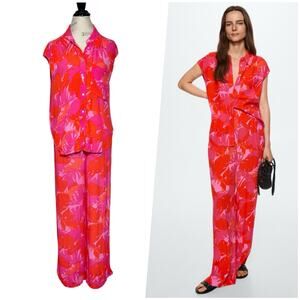 MNG | Women | Pink Tropical Botanical Sleeveless Top Pant Matching Set | Medium